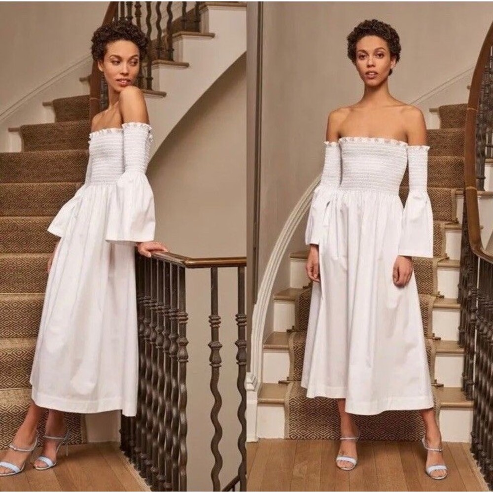La Ligne Belle Smocked Cotton Poplin Midi Dress Women’s Sz M White MRSP $350 NWT